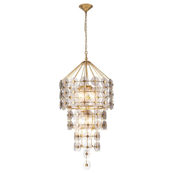 Люстра Quintiesse QN-MERIDIAN-9P-DG Meridian 9 lt Pendant Distressed Gold & Smoked Glass